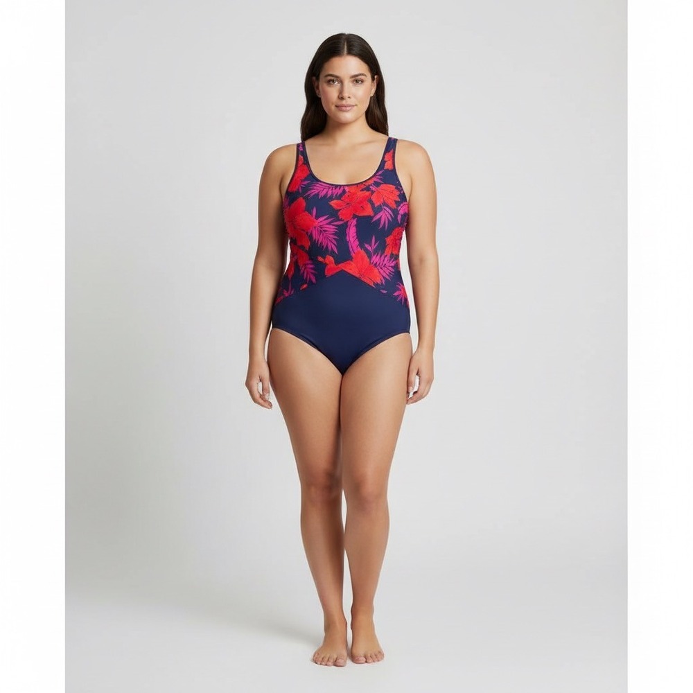 Lands End Womens Navy Blue‎ Floral One Piece Swimsuit Size L 14-16 Tropical Red